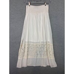Deb White Lace Smocked Waist Maxi Skirt Boho Gauze Lined DS6K560 Medium